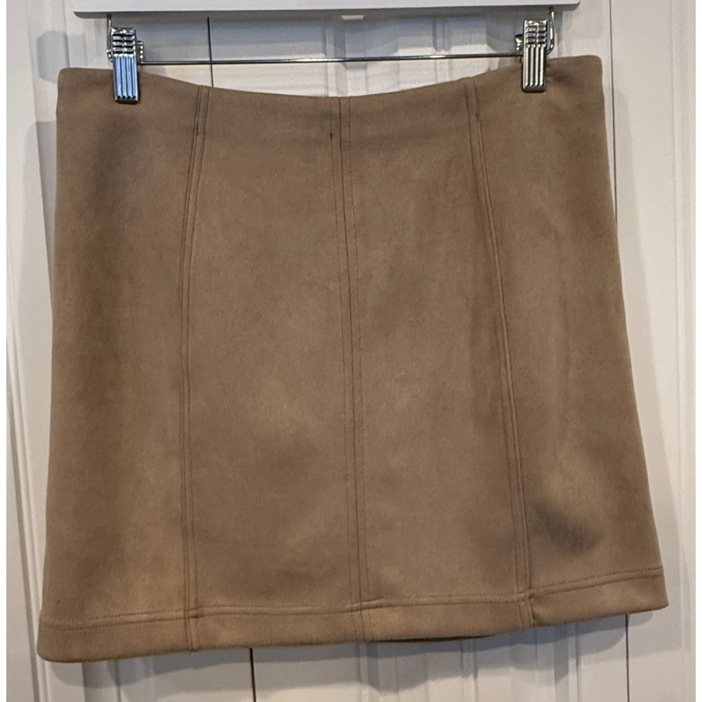 Shestar Women's Large Tan Faux Suede Mini Skirt Stretch Zip Back A-Line